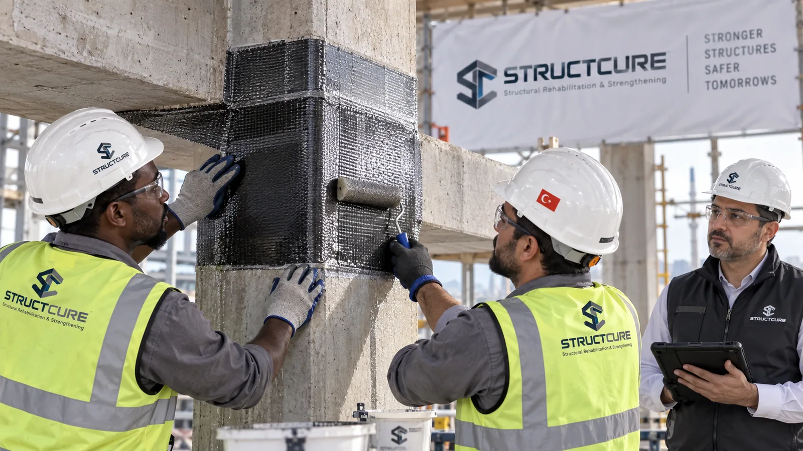 Specialist team carrying out structural strengthening beneath a concrete structure
