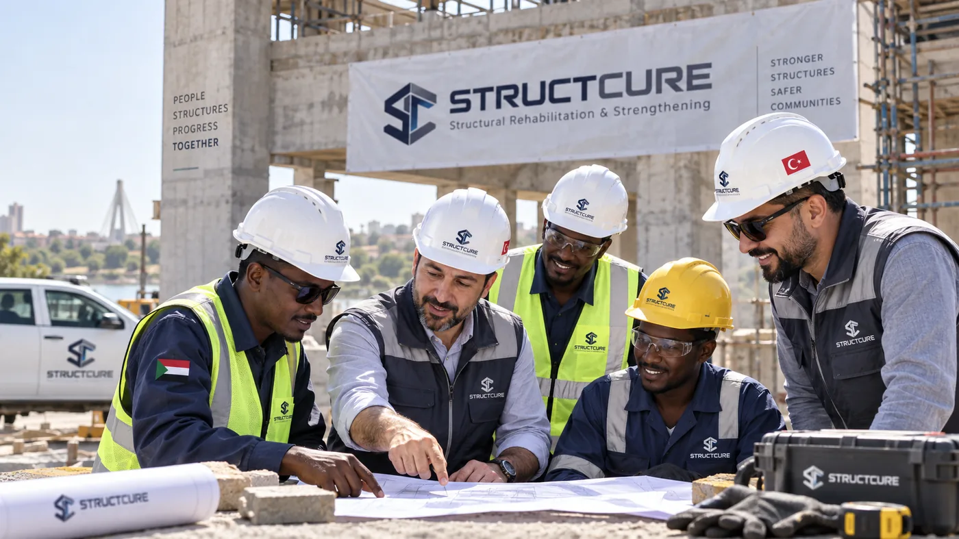 Sudanese and Turkish technical professionals collaborating on a structural project